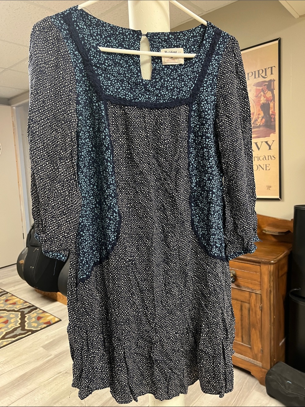 Holding horses Navy and Light Blue Mixed-Print Long Sleeve Swing Dress sz 4